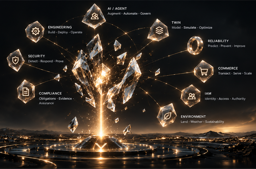 A crystalline structure connecting enterprise domains across a dark landscape.